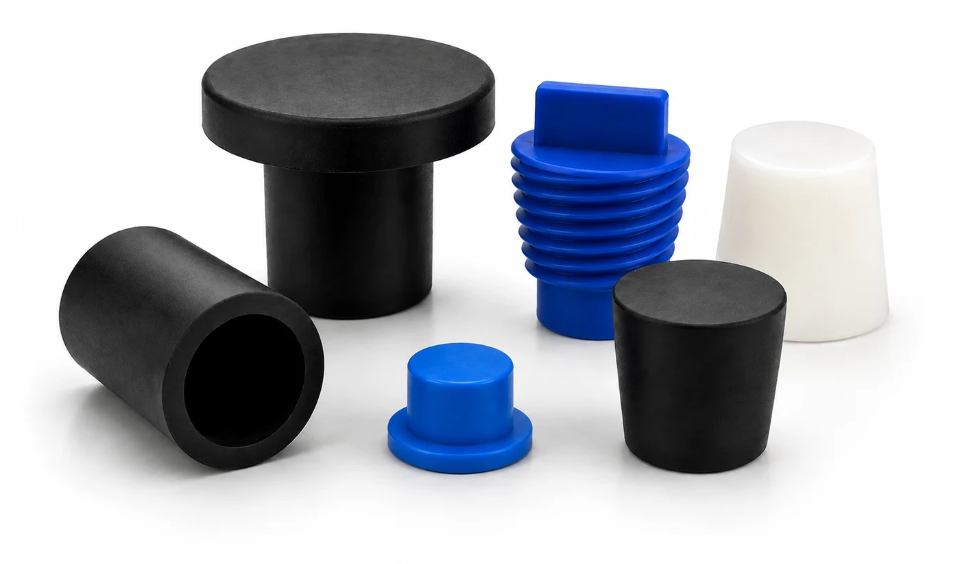 Black rubber caps and flanged stoppers with a blue threaded plug and white tapered stopper